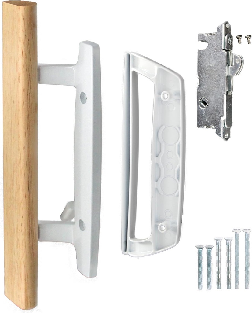 Patio Door Handle 3-15/16 Inch(10cm) Hole spacing(Right and Left Handed) Wooden Sliding Glass Door Handle Set Mortise Style Non-keyed (+ Mortise Lock 45 Degree Keyway)
