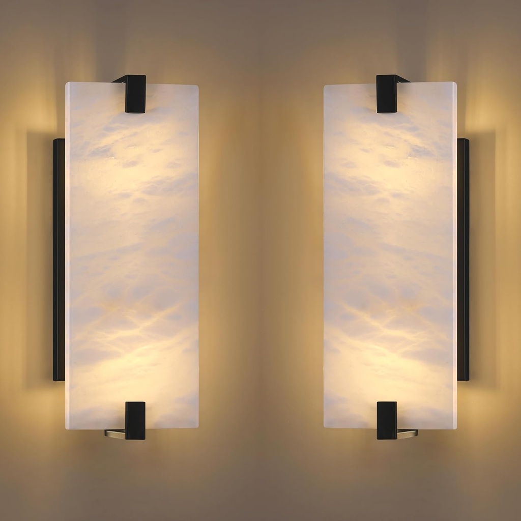 Doraimi Lighting 2 Pack 2 Light 13.7" Square Alabaster Marble Bathroom Wall Sconce Modern Concise Style Wall Light Fixture,Black Finish for Bedroom Hallway Bedside