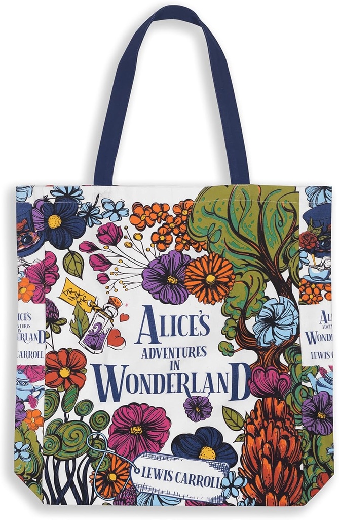 Steel Mill & Co Cute Canvas Tote Bag for Book Lovers, Bookish Reusable/Foldable Bag for Work/Groceries, Alice's Adventures in Wonderland (Floral Nonsense)