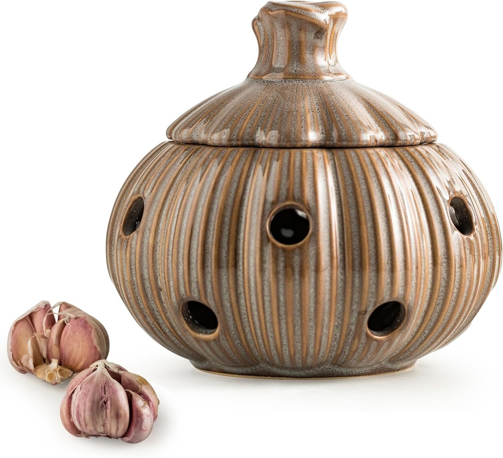 Ceramic Garlic Keeper with Lid and Holes Garlic Saver and Storage Framhouse Decor Keep Gralic Cloves Dry and Fresh, Grey