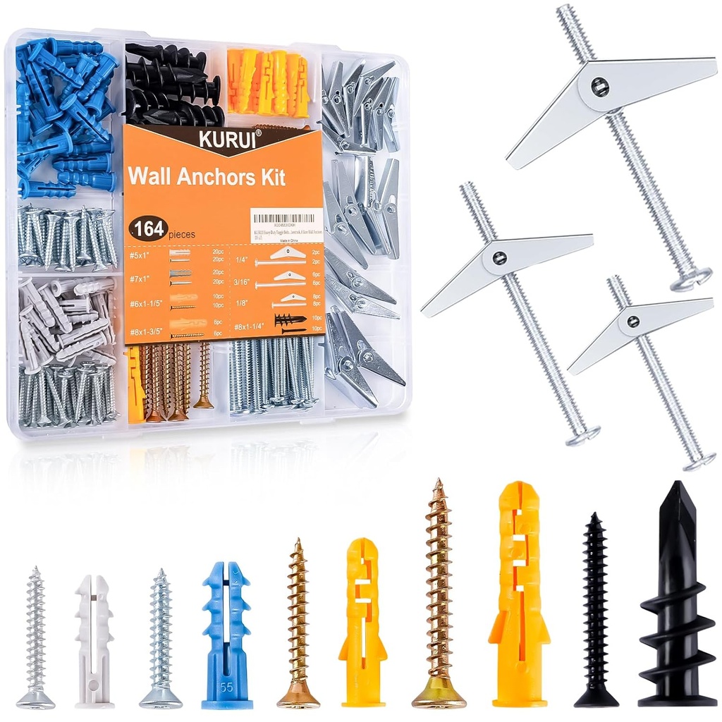 KURUI Drywall Anchors Assortment Kit With Self Drilling Wall Anchors and Heavy Duty Toggle Bolts, Metal/Plastic Dry Wall Anchors for Hanging Picture Art, 164Pcs Butterfly Anchor and Screws for Ceiling