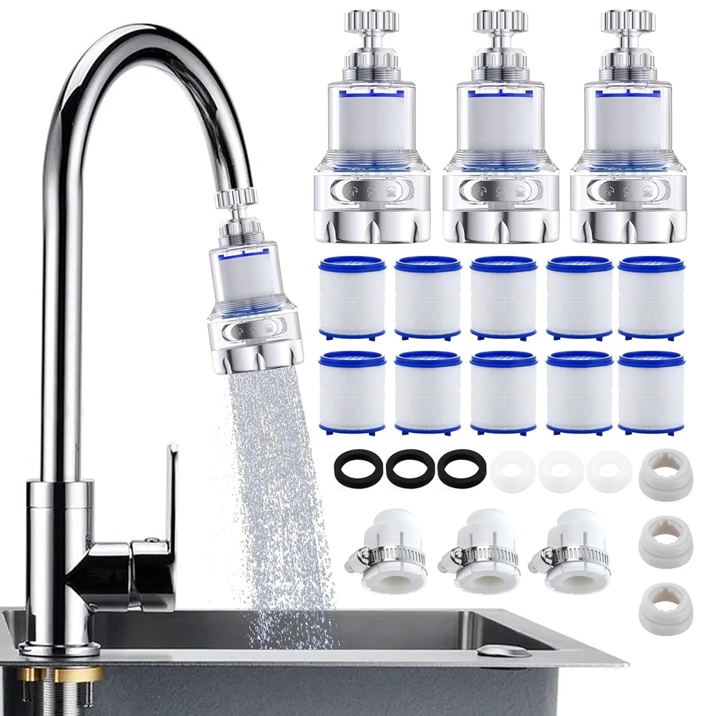 3 Pack Sink Water Filter Faucet, Universal 360 ° Rotating Faucet Filter for Kitchen Sink, 3 Modes Bathroom Faucet Filter Removes Chlorine Fluoride Heavy Metals Hard Water for Home Kitchen & Bathroom