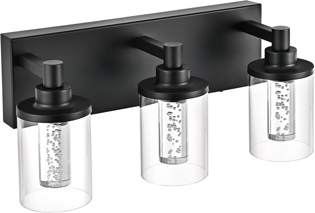3-Light Integrated LED Lighting Fixtures Over Mirror,Black Bathroom Vanity Lights,Crystal Bubble Glass with Dimmable 5-Color LED Lights Modern Vanity Light ?Built-in LED Bulbs Included?