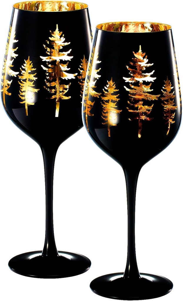 Crystal Winter Trees Black & Gold Stemmed Wine Glasses - Set of 2 - Glass Colored Vibrant Etched Forest Tree Frosted Glass, Perfect for Parties Gifts For Him Her Gift, Winter (14 OZ)