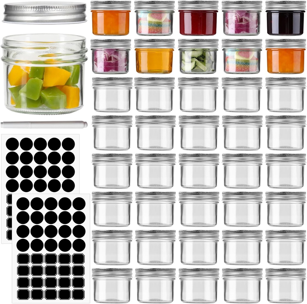 STARSIDE 40 Pack 4 oz Glass Mason jars With Regular Silver Lids, Perfect Small Canning Jars Containers for Jam, Honey, Candies,Wedding Favors, Decorations. Included 1 Pens and 80 Labels