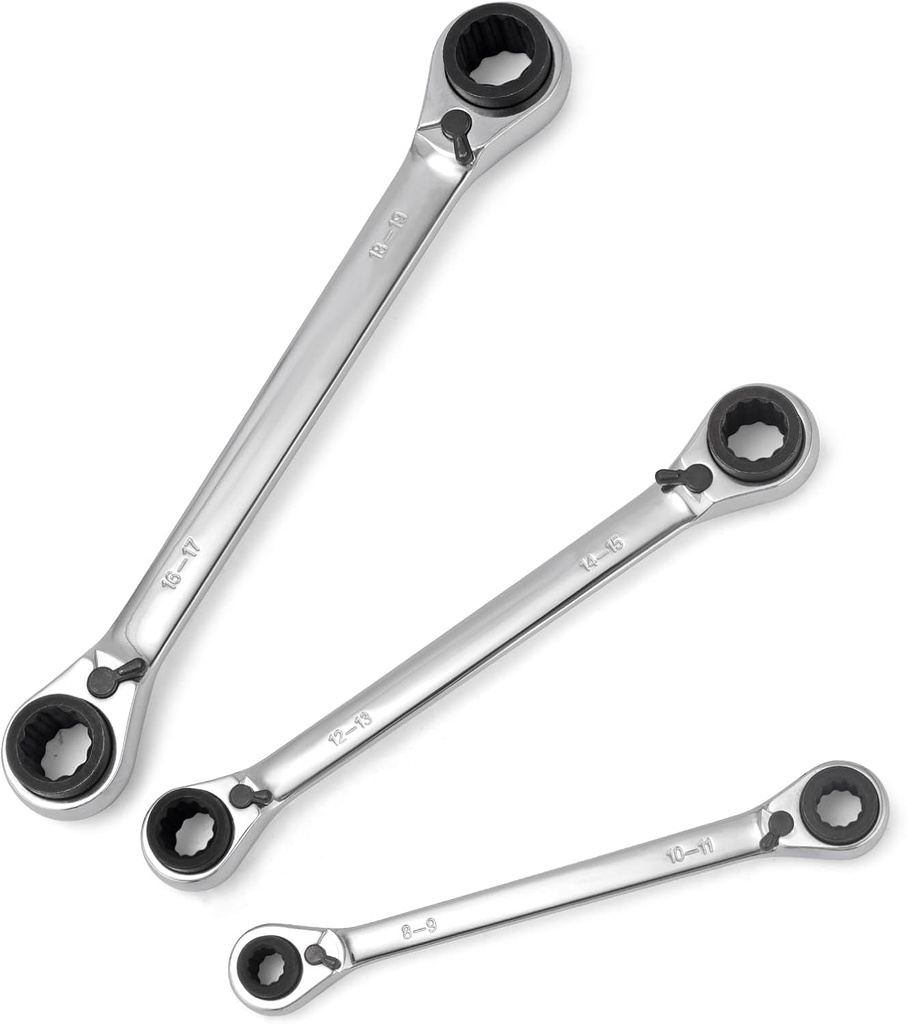 4 IN 1 Ratcheting Wrench Set, Reversible Ratchet Wrench Set Double Tool Box Set Metric 8-19mm 3 Pieces