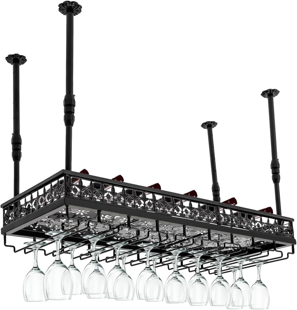Black Vintage Wine Glass Rack, 13.78"- 21.65" Height Adjustable Ceiling Mounted Hanging Wine Bottle Holder Stemware Hanger Rack Metal Bar Floating Shelf for Bar Kitchen, Capacity: 36 Goblets(L: 90cm)