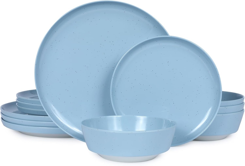 Webbylee 12-Piece Melamine Dinnerware Set for 4 – Unbreakable Plates & Bowls, Lightweight, Two-Tone Blue & Beige, Ideal for Family Meals, Camping, Picnic, Parties