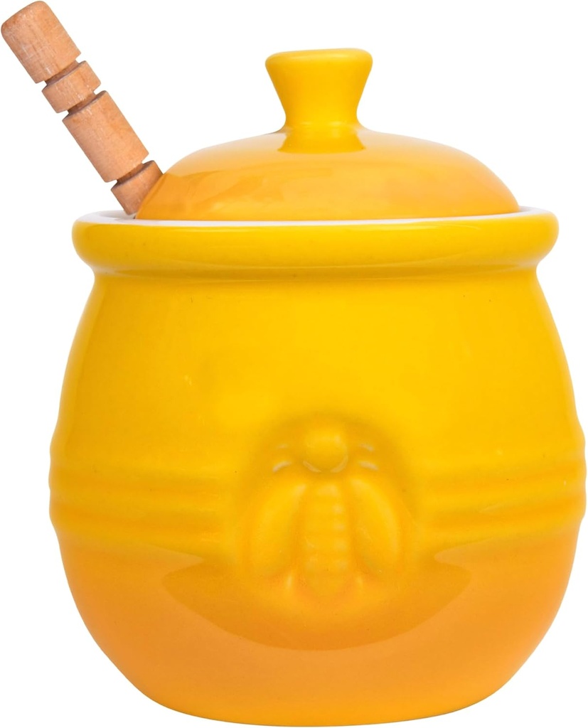 Creative Co-Op Yellow Stoneware Honey Pot with Lid & Wood Honey Dipper