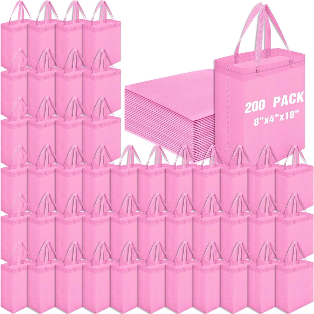 Windyun Reusable Tote Bag Bulk 8 x 4 x 10 Inch Non Woven Shopping Bag with Handle Reusable Grocery Gift Tote(Pink,200 Pcs)