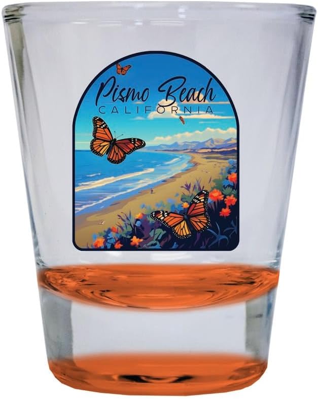 R and R Imports Pismo Beach California Butterfly Beach Design Souvenir 2 Ounce Shot Glass Round Orange 2-Pack