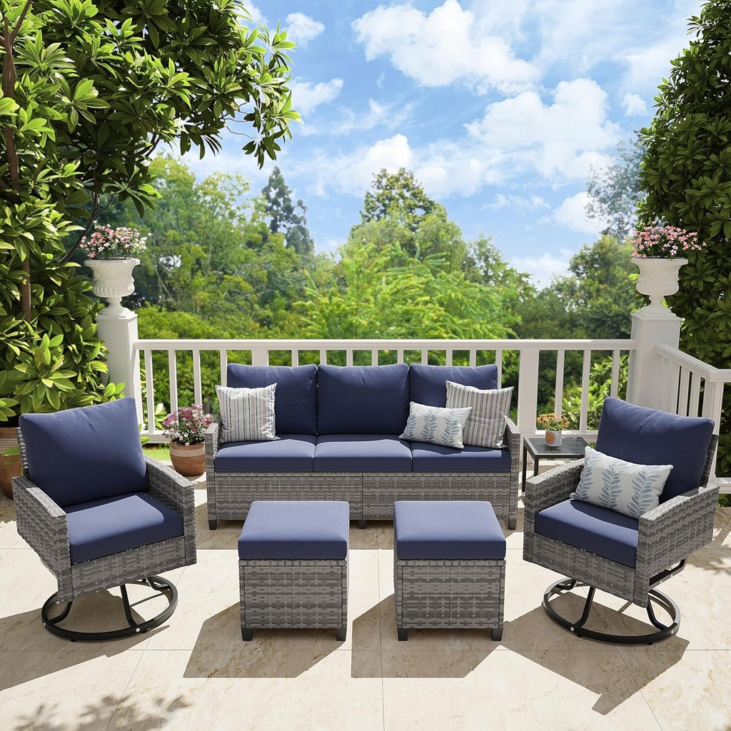 6 Piece Outdoor Furniture Set, Rattan Patio Furniture with 2 Swivel Chairs, 3-Seat Sofa, 2 Ottoman & Side Table, All-Weather Conversation Set for Porch Garden Lawn Balcony (Gray & Blue)