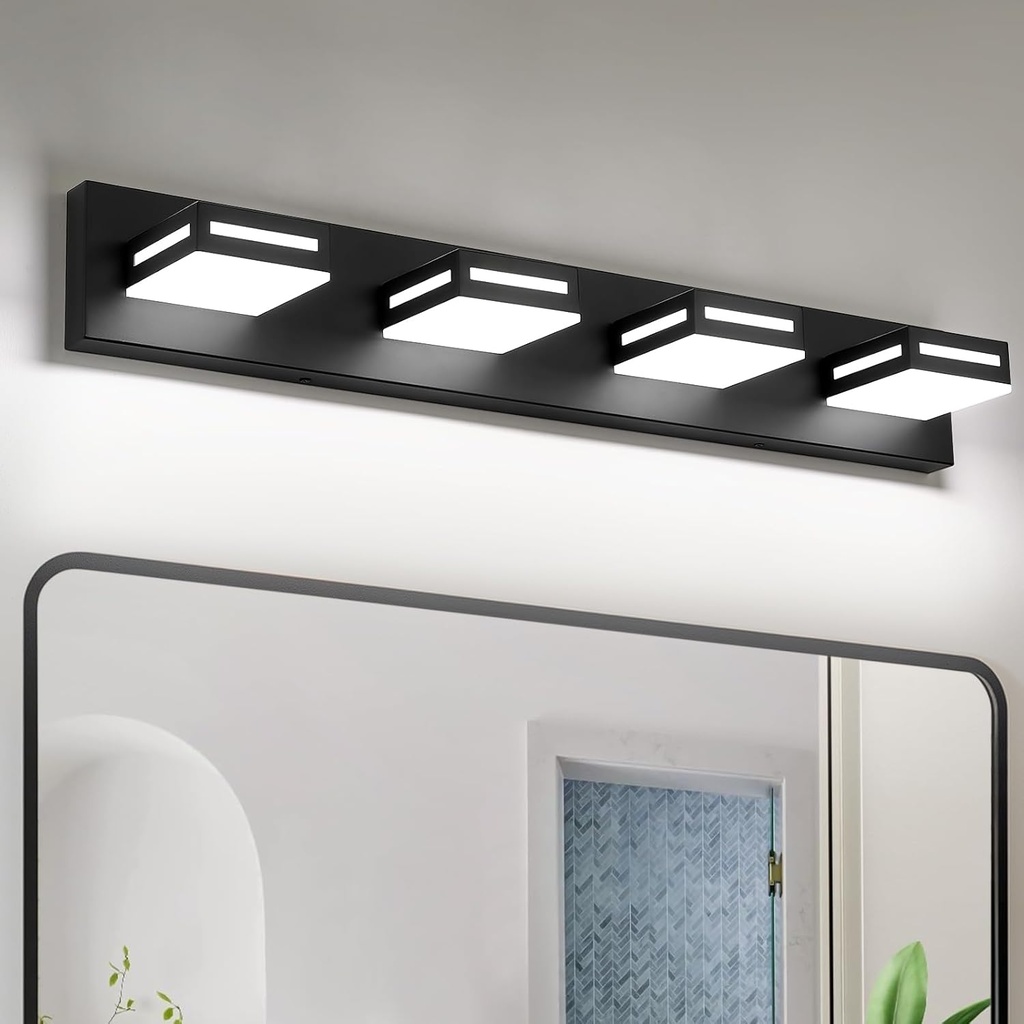 30-Inch 4-Light LED Modern Black Bathroom Vanity Light Fixtures Over Mirror, Bathroom Lighting Fixtures with Cool White 6000K, Vanity Wall Lights for Bath Restroom Powder Room