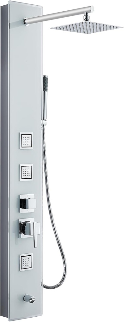 MENATT White Tempered Glass Shower Panel Tower System, 304 Stainless Steel Shower Panel with 8-inch Rainfall Shower Head, Wall Mounted Shower Column with 14.5 inch Shower Arm