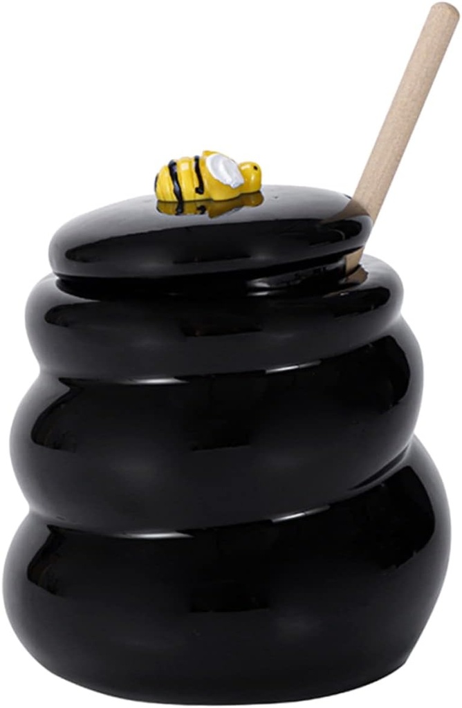 VALICLUD Ceramic Honey Jar with Lid and Dipper Stick Cute Black Food Safe Glazed Honey Dispenser for Kitchen Storage Compact and Easy to Clean