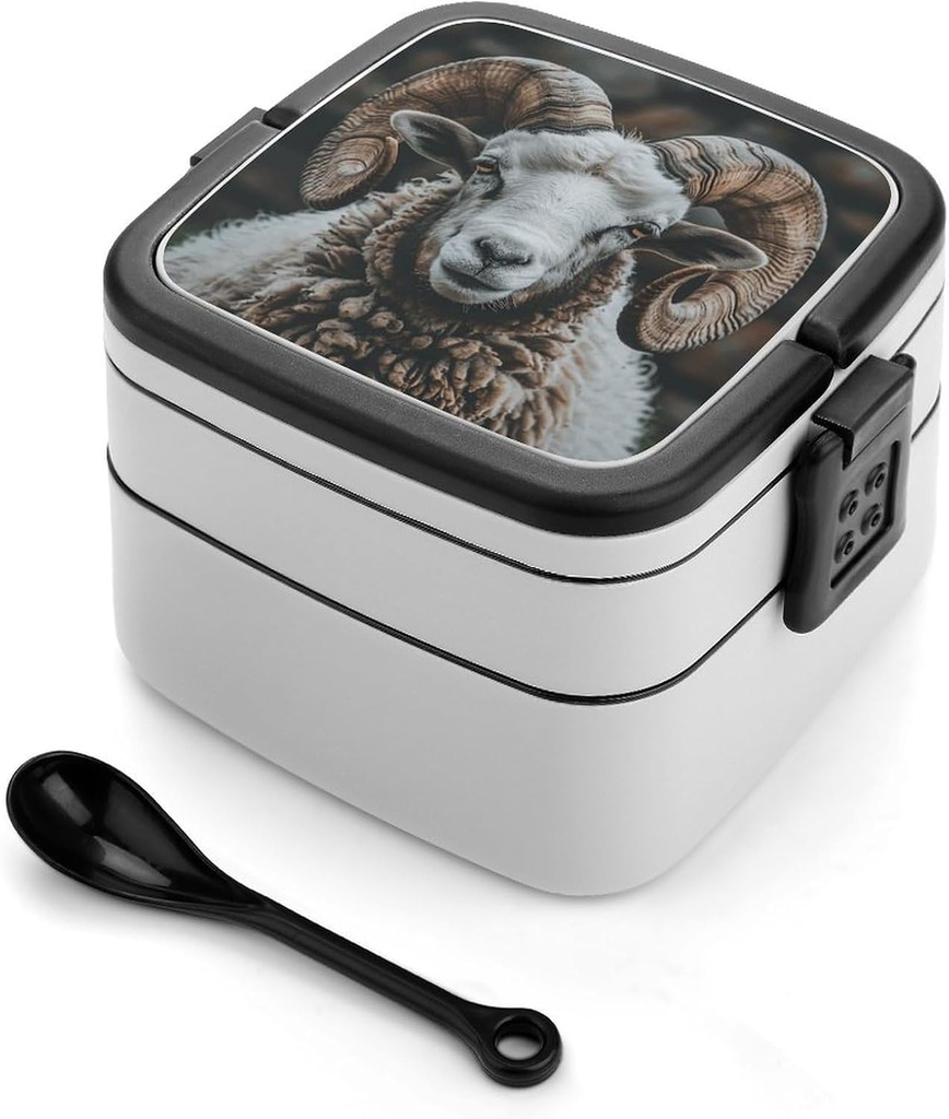 Stackable Double-Layer Bento Box Longhorn Ram Pictures Adults Lunchbox With Spoon Cute Japanese Bento Box Dishwasher Safe for Work Travel Dining Outc