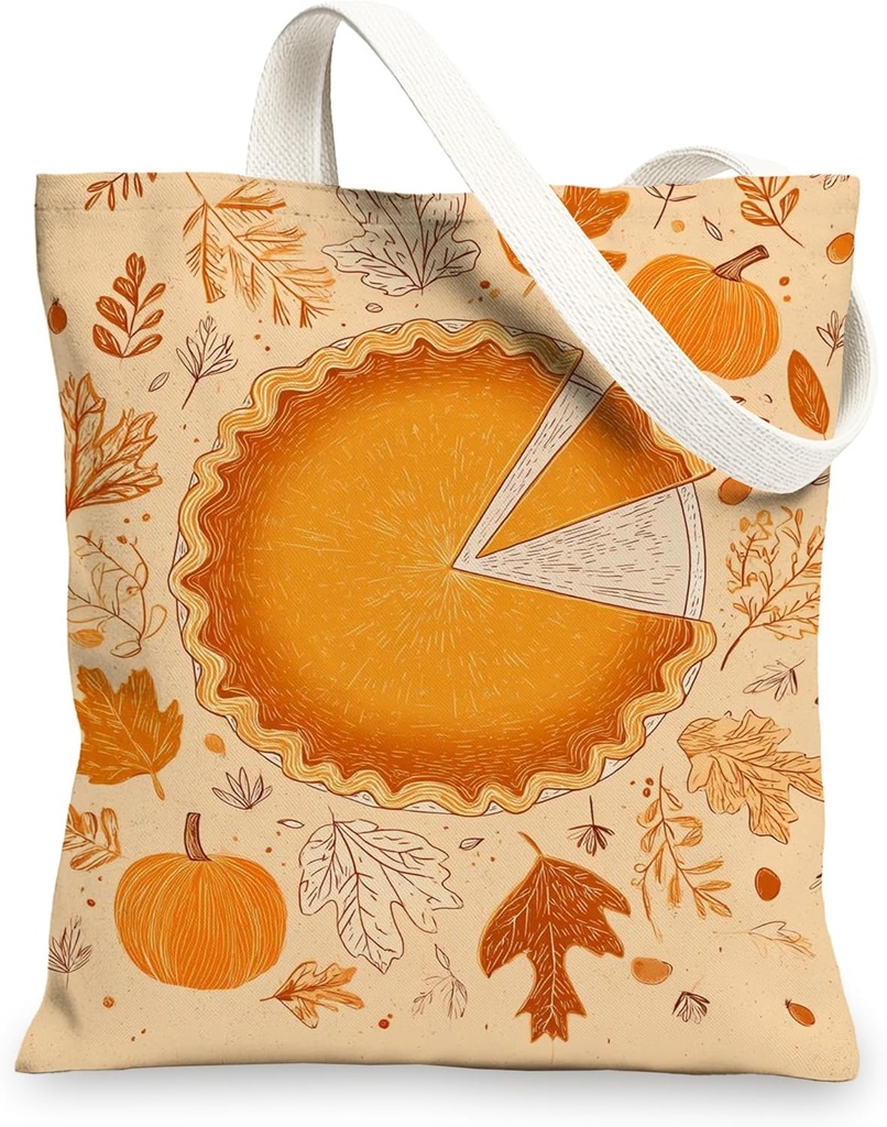 Autumn Canvas Tote Bags, Pumpkin Pie Design Reusable Grocery Bags, Lightweight Washable Shoulder Strap Canvas Bags for Gym