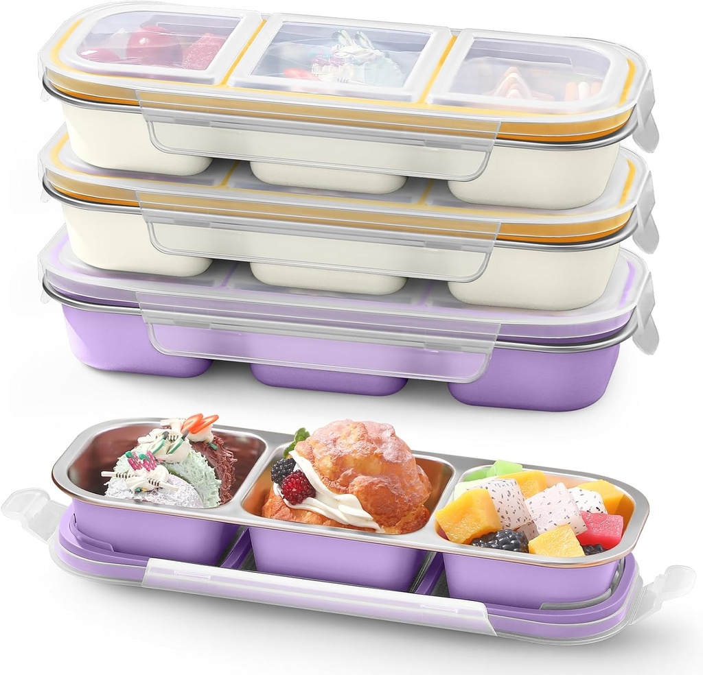 CHENGU 4 Pcs Stainless Steel Snack Containers - Reusable 3 Compartments Leakproof Metal Box with Lids, Large Grab and Go Divided Food Storage Containers for Home, Travel (Purple, Cream White)