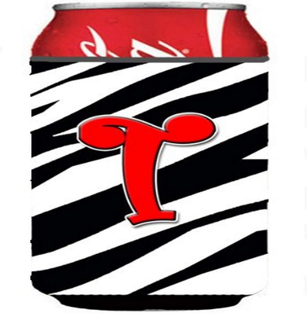 Caroline's Treasures CJ1024-TCC Letter T Initial Monogram - Zebra Red Can or Bottle Hugger Cooler Washable Drink Sleeve Collapsible Beverage Insulated Holder, Can Hugger, Multicolor