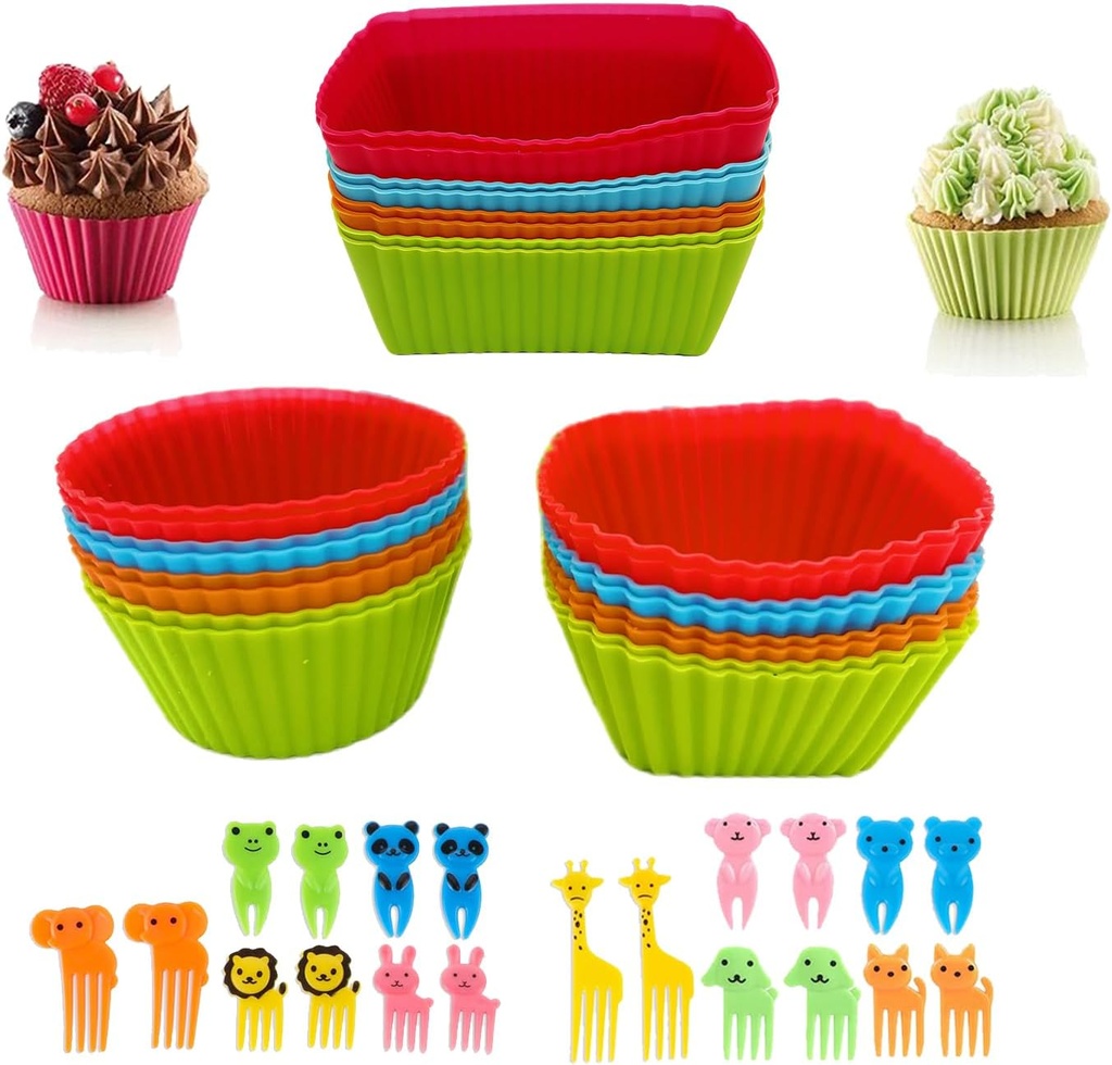 44 Pcs Silicone Lunch Box Dividers Set, Includes 24 Reusable Silicone Cupcake Baking Cups and 20 Cute Animal Food Picks, Non-stick Muffin Liners for Party