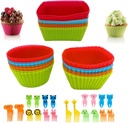 44 Pcs Silicone Lunch Box Dividers Set, Includes 24 Reusable Silicone Cupcake Baking Cups and 20 Cute Animal Food Picks, Non-stick Muffin Liners for Party