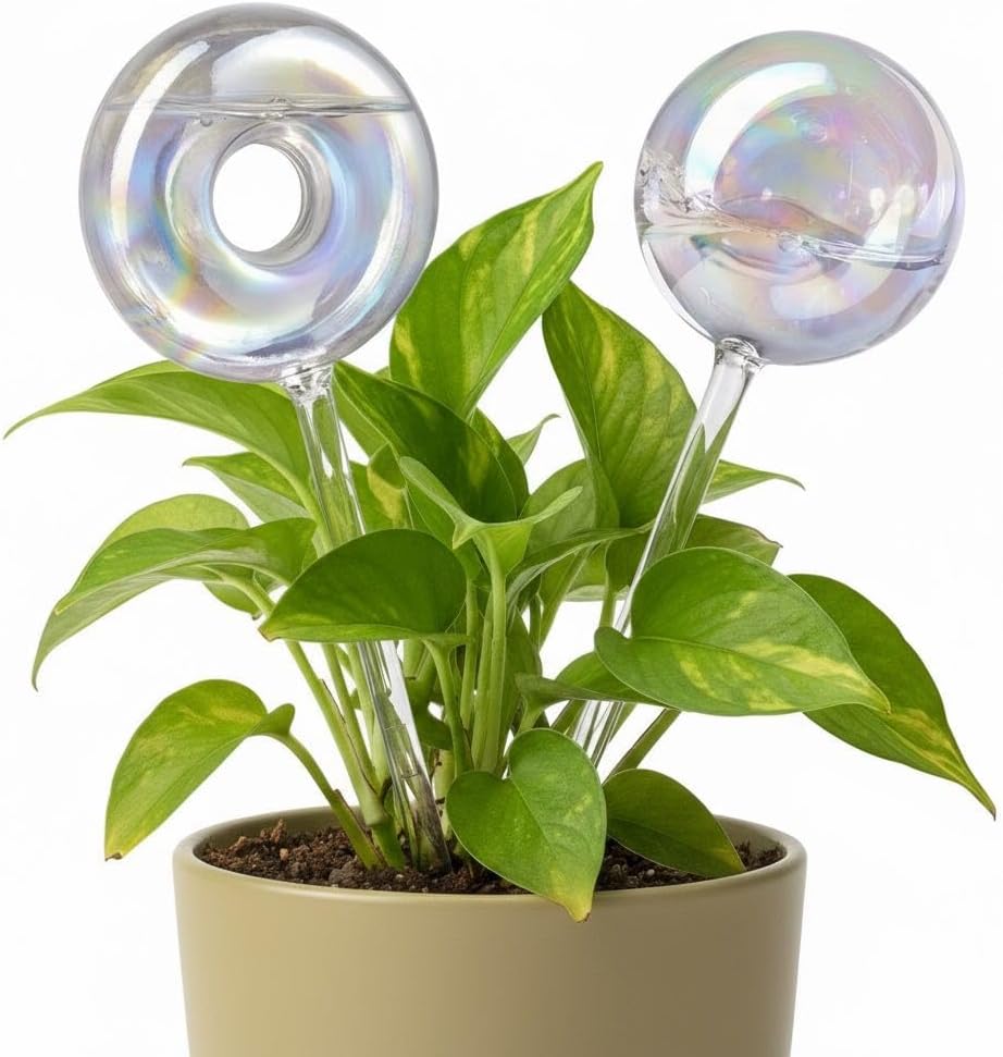 ZhenD Iridescent Self-Watering Plant Globes and Donut, Glass Self Watering Planter Insert for Indoor and Outdoor, Automatic Plant Waterer, Hand-Blown Premium Glass – 2 Pack