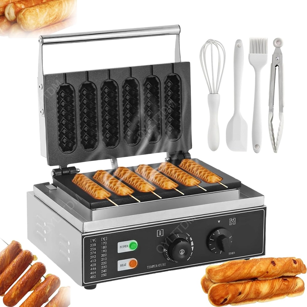 Corn Dog Maker, Commercial French Hot Dog Waffle Maker Iron Machine, 50-300℃ Temp Control, Hot Dog Cheese Stick Press Iron, 6 Corn Dogs At Once, Non Stick DIY Homemade Stainless Steel Hot Dog Maker