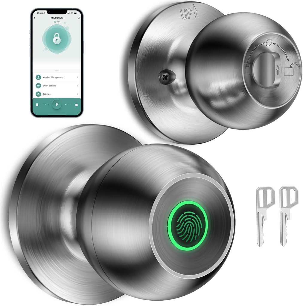 Fingerprint Door Lock，Smart Door Knob, Smart Biometric Door Lock Fingerprint Door knob with App Control Suitable for Bedroom,Utility Room,Apartments Offices,Hotels(Silver)