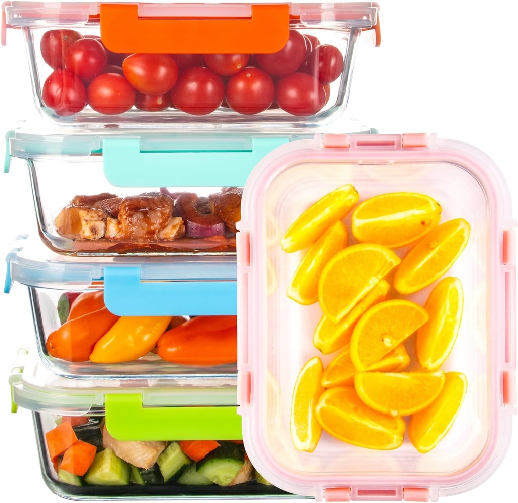 Glass Meal Prep Containers with Lids(5 Pack, 34oz), Glass Food Storage Containers for Lunch at Work, Leak-proof Food Containers, Microwave/Dishwasher Safe