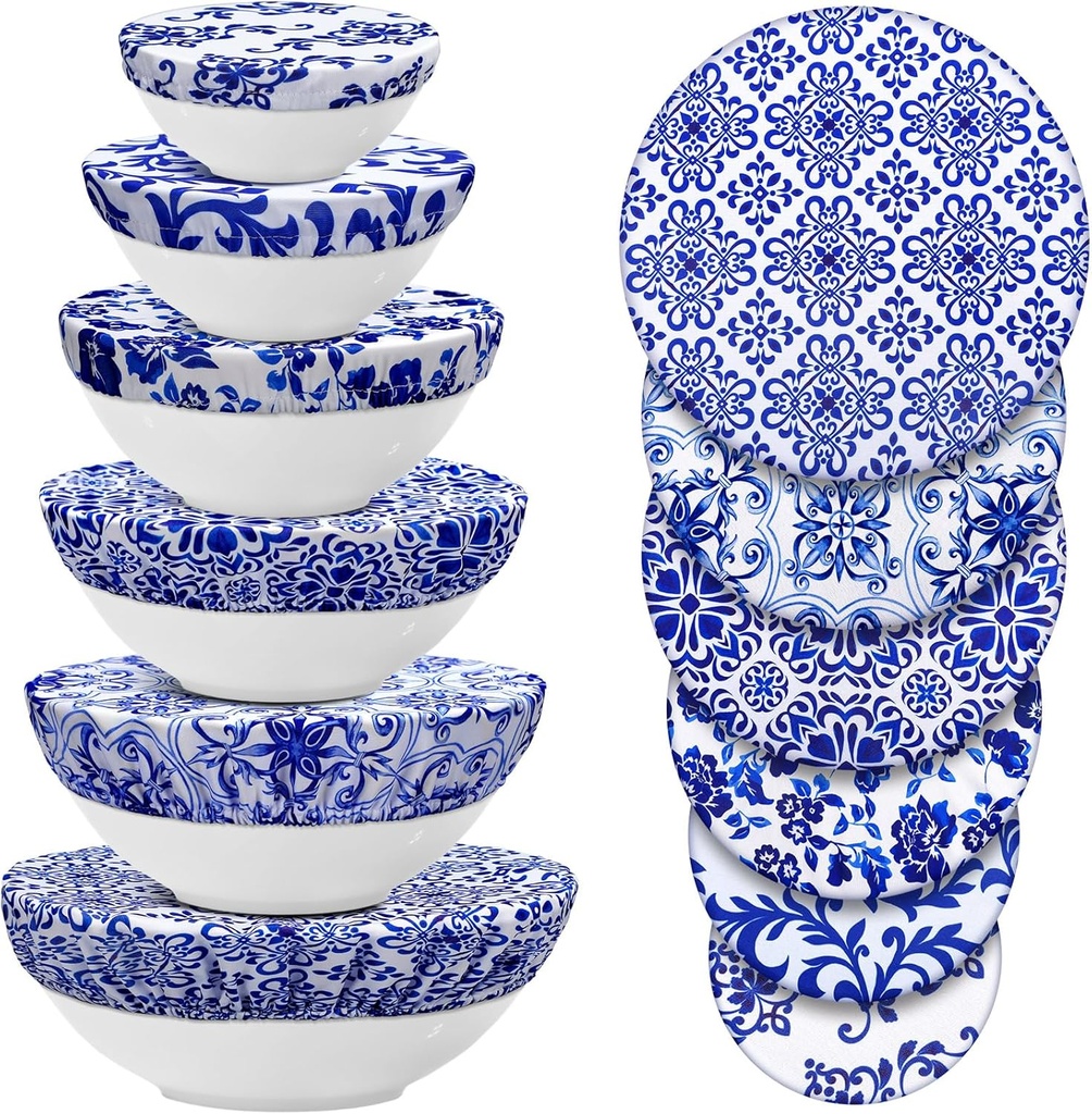 CHENGU 12 Pcs Reusable Bowl Covers Bulk 5 Size Elastic Cloth Fabric Bowl cover for Bread Proof Rising Sourdough Dish Food Stretchy Storage(Blue Ceramic Style,Blue)