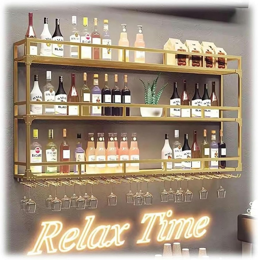 AMNOOL Industrial Wall Mounted Metal Hanging Wine Rack Wine Bottle Storage Bar with LED, Bar Shelves for Home, Kitchen, Pantry, Wine Cellar (Color : Black, Size : 80x25x90cm), Gold