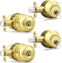 Probrico Keyed Entry Door Knobs Exterior Lockset and Double Cylinder Deadbolt Combination Set for Front Door, Polished Brass (2 Pack) Keyed Alike