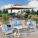 4 Piece Patio Furniture Set, 2 x Rocking Chair, 1 x 2-Seat Sofa with Marbling Coffee Table, All Cushioned 4 Seats Outdoor Conversation Set for Lawn Garden Backyard, Blue