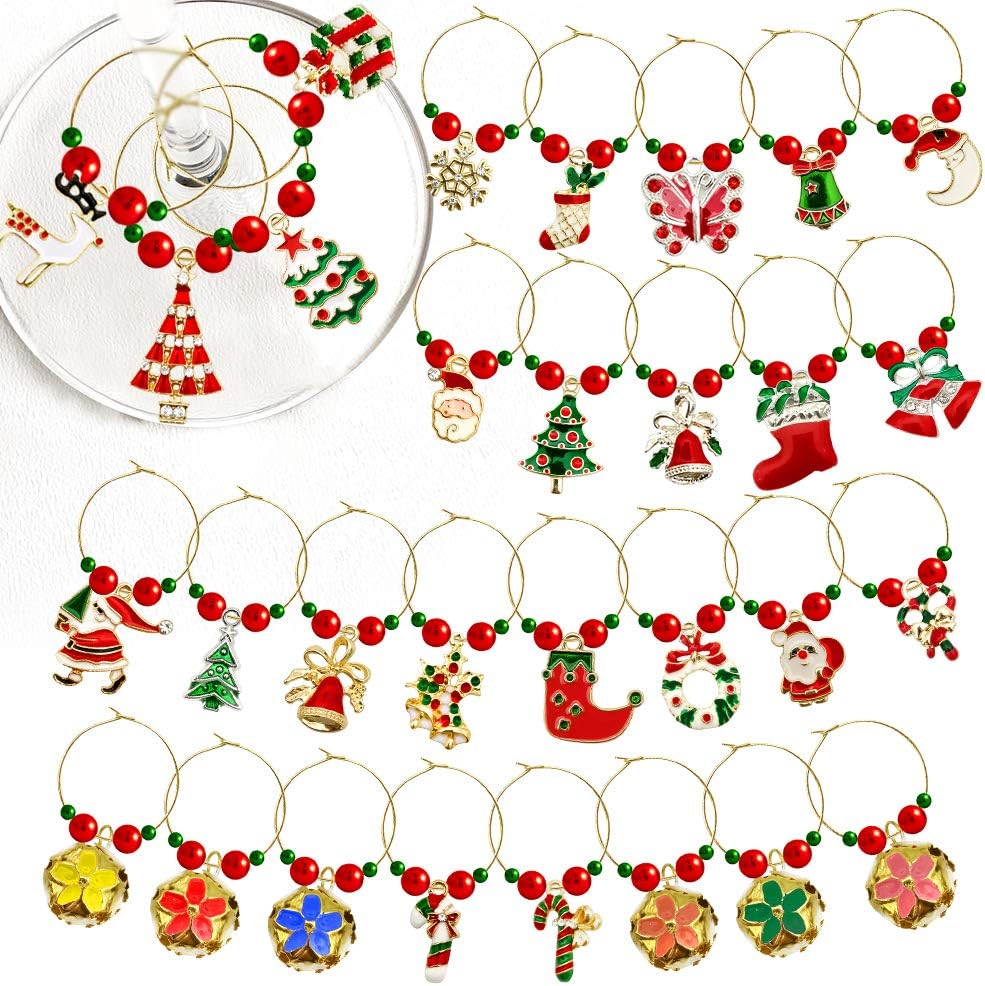 MOVINPE 30 Piece Wine Glass Charms - Christmas Themed Drink Markers for Stem, Champagne & Goblet Glasses