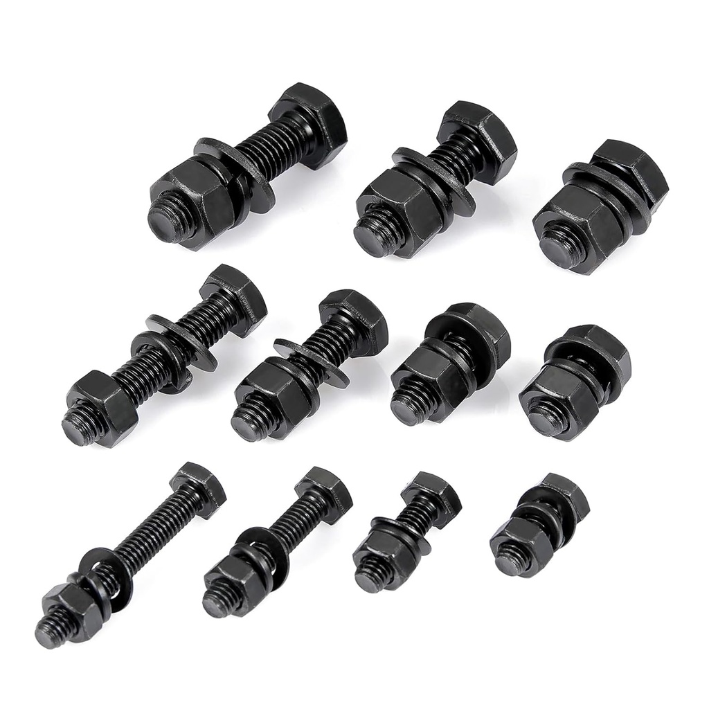 340 Pcs M6/M8/M10 Hex Head Metric Nuts and Bolts - Black Grade 8.8 Alloy Steel Screws Set Assortment for Door Handles and Toysand, Metric Machine Screw Assortment Include Flat & Lock Washers