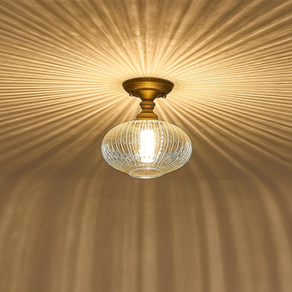 9.84 Inch Retro Gold Ceiling Light, Flush Mount Vintage Glass Shade Light Fixture with E26 Base, for Hallway Bedroom Bathroom Closet Lighting, Antique Brass Ceiling Light
