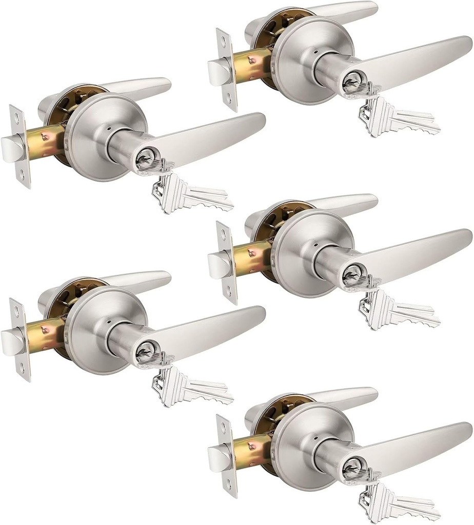 Probrico (5 Pack Keyed Entry Door Lever Lock for Exterior Door Handleset,(keyed Alike) Each with 3 Keys All Same Key in Satin Nickel Finish, Commercial or Residential Use