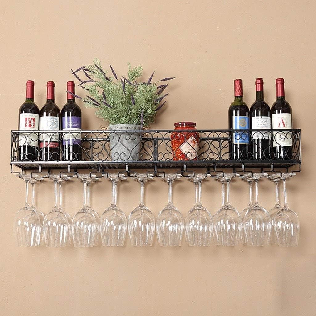 Rustic Wall-Mounted Wine Rack Organizer - Vintage Metal Bottle Holder & Stemware Storage - Floating Bar Unit Shelves for Kitchen - Black (47x10 inches)