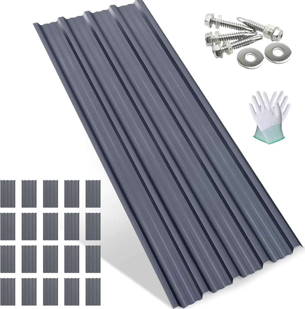 Metal Roofing Panels - 20 Pcs Corrugated Pergola Roofing Panels Heavy Duty Waterproof Tin Roof Materials for Shed Gazebo Garages Patio Siding 42.52x16.77in, Grey