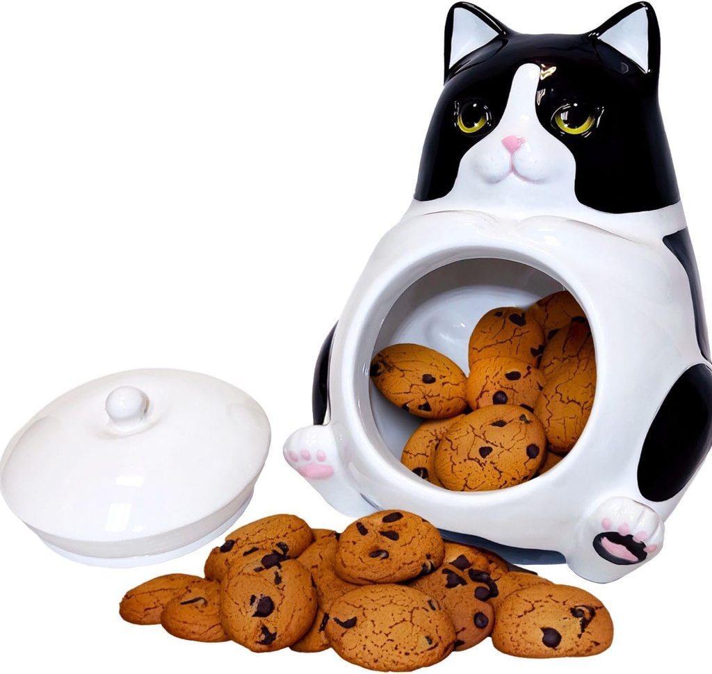Streamline Imagined Ceramic Fat Cat Cookie Jar, Black and White, 6.89 x 6.89 x 8.66 inches