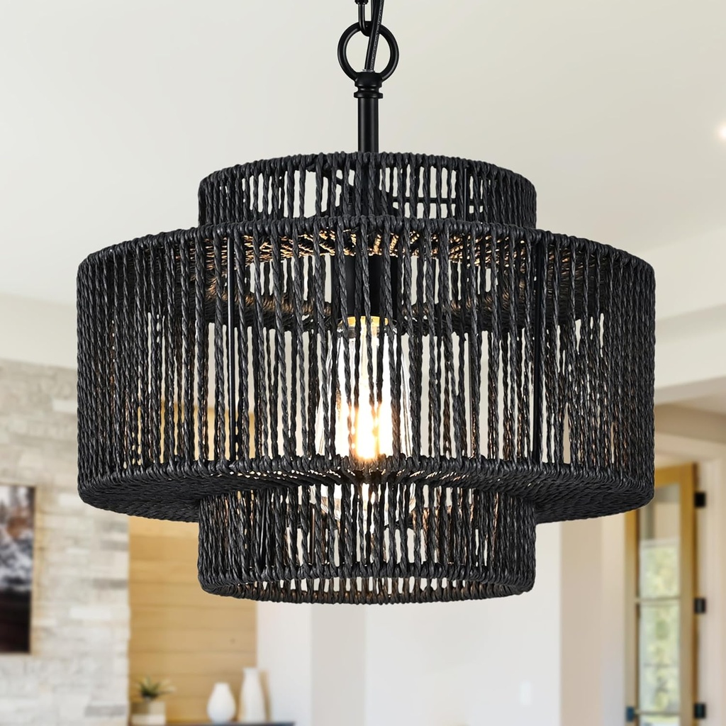 12.4" Black Woven Pendant Light 1 Light Black Rattan Chandelier Hand-Woven Rattans Chandelier 3-Tier Rattan Pendant Farmhouse Chandeliers Light Fixture for Dining Room Living Room