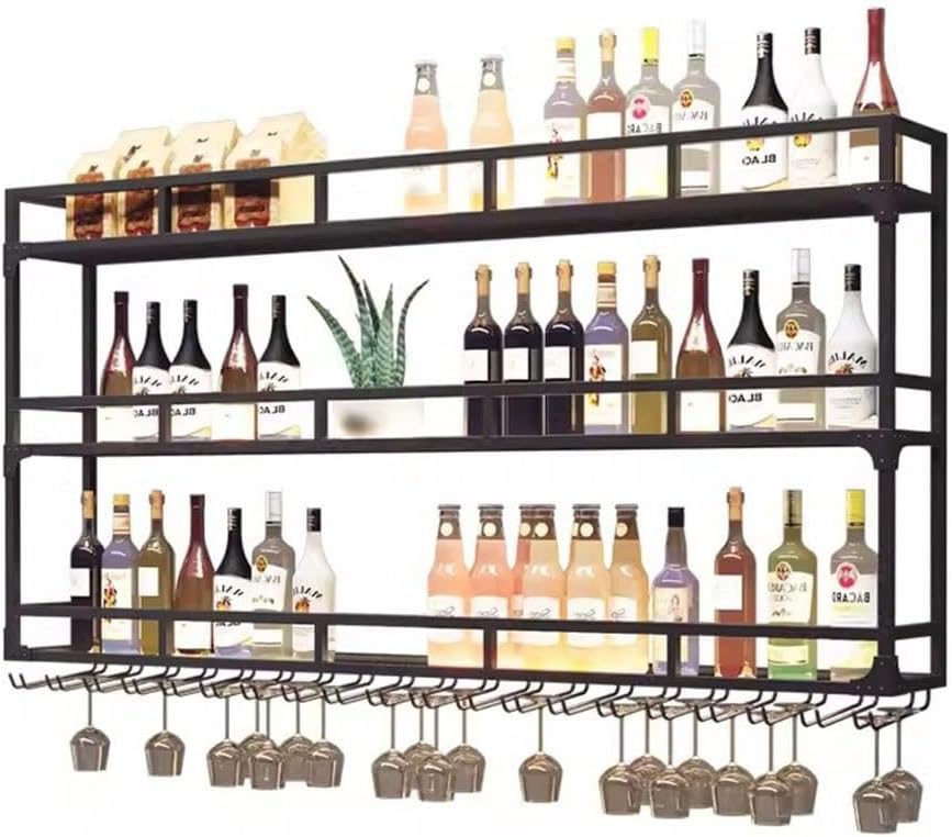 Wall Mounted Wine Rack Wine Rack Wall-Mounted Hanging Wine Glass Holder Unit Floating Shelves Wine Bottle Storage Bar with Led, Bar Shelves for Home, Kitchen, Pantry, Wine Cellar,Black-80x25x90cm