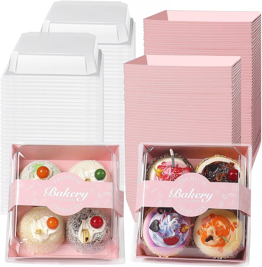100 Pack Charcuterie Boxes with Clear Secure Lids and 100 PCS Stickers, 5.3x4.9x2.5 Inches Pink Square Disposable Food Containers Cookies Boxes for Sandwich, Pastry, Dessert