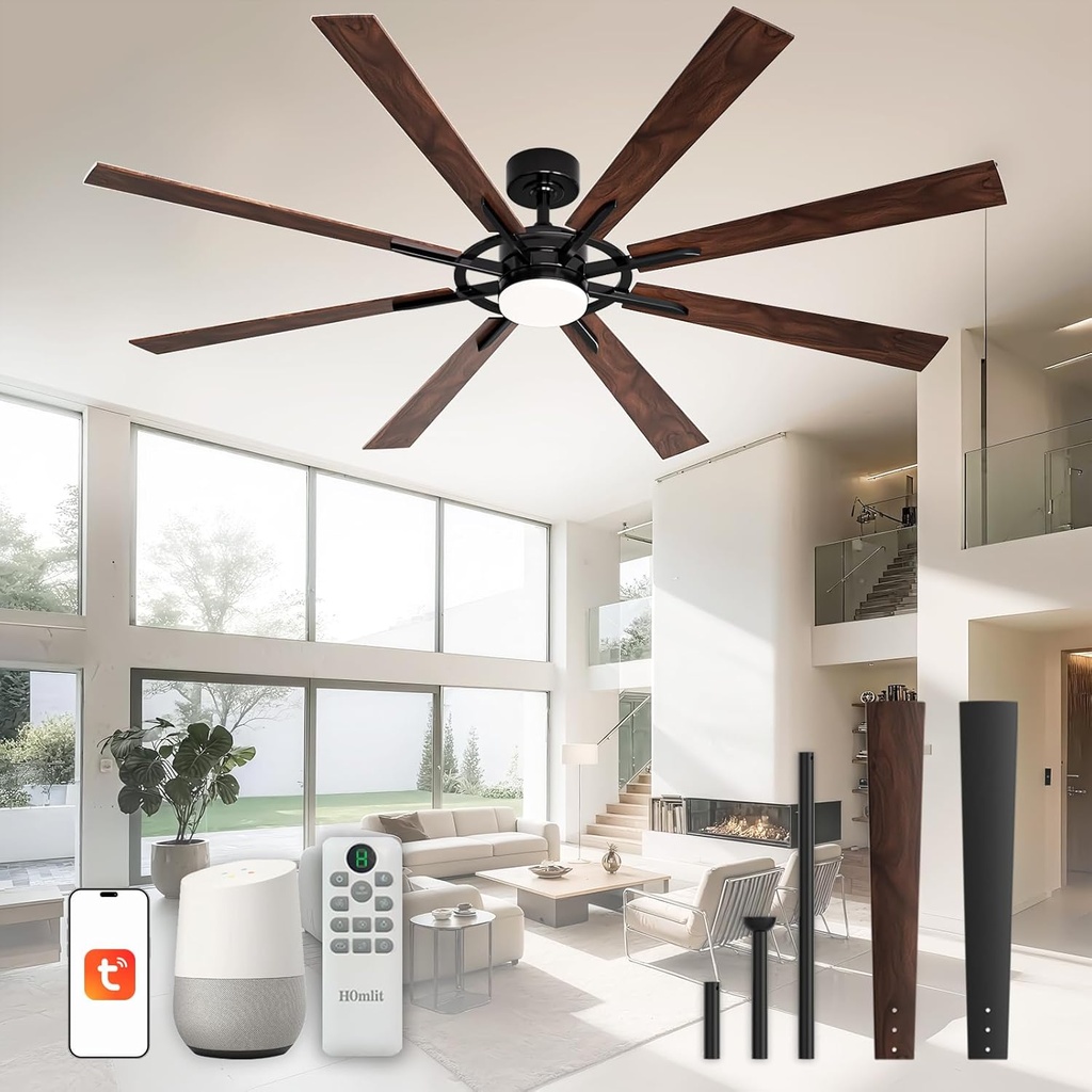 72 Inch Smart Ceiling Fan with Light and Remote, Black Ceiling Fan with Quiet Reversible DC Motor, Control Via WiFi Alexa App, 3CCT Dimmable Large Indoor/Outdoor Ceiling Fans for Patio Garage