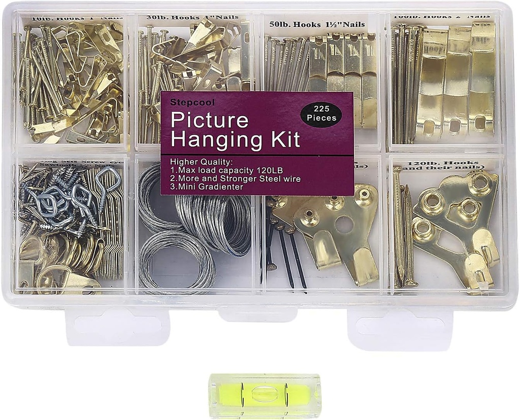 Picture Hangers, Picture Hanging Kit, 225pcs Heavy Duty Frame Hooks Hardware with Nails, Hanging Wire, Screw Eyes, D Ring and Sawtooth for Wall Mounting
