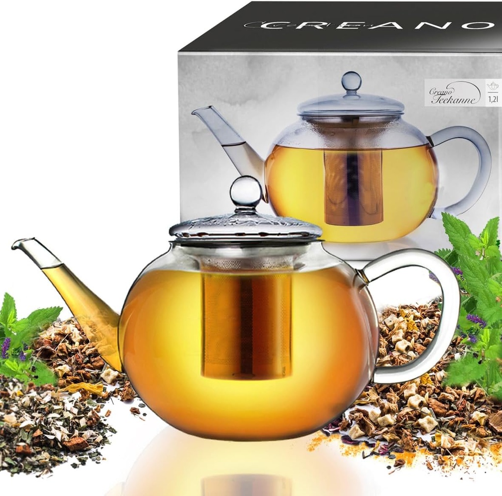Creano glass teapot 40 oz (1200ml), tea maker with integrated stainless steel infuser and glass lid, ideal for preparing loose teas, drip-free, all-in-one