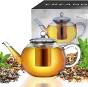 Creano glass teapot 40 oz (1200ml), tea maker with integrated stainless steel infuser and glass lid, ideal for preparing loose teas, drip-free, all-in-one