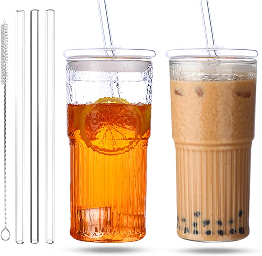 2 Pack 20oz Glass Cups with Lids and Straws,Glass Tumbler with Straw and Lid High Borosilicate Glass Tumbler Iced Coffee Cup Water Glass Cups