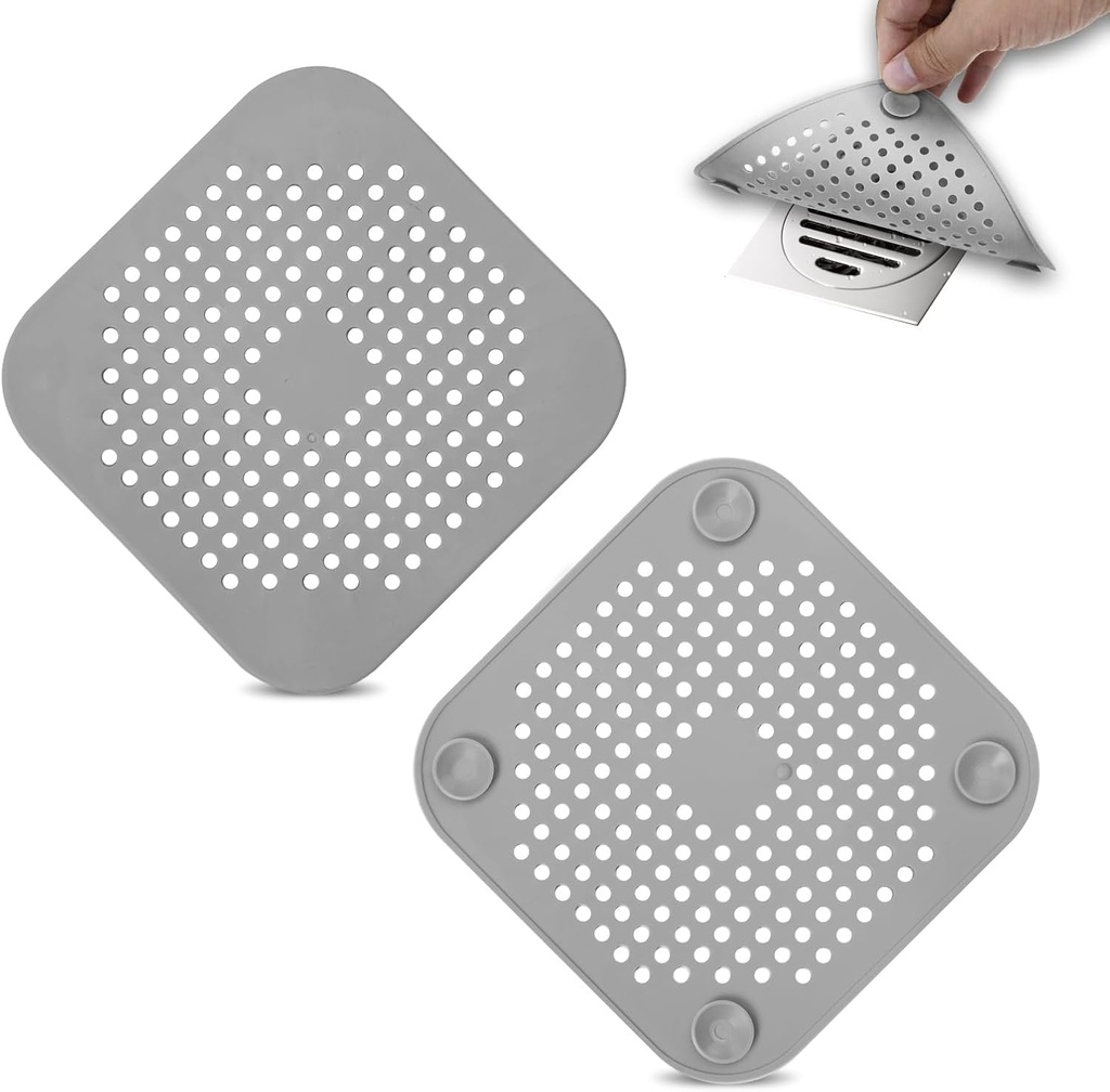 2 Pack Drain Hair Catcher Silicone Bathroom Accessories Square Drain Cover for Shower,Easy to Install Suit for Bathroom,Bathtub,Kitchen, Grey