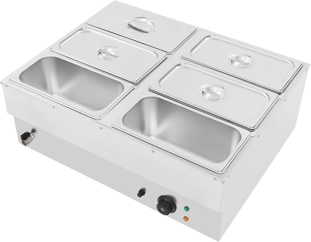 1500W Electric Commercial Food Warmer, 6-Pan Stainless Steel Bain Marie Buffet Countertop Restaurant Table Food Steamer with Temperature Control & Lid for Parties, Restaurants